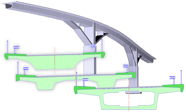 Obr. 2: Monolitické průřezy a výpočetní model komorového mostu