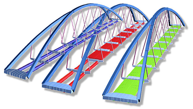 Obr. 3: Výpočetní model spřaženého ocelobetonového mostu