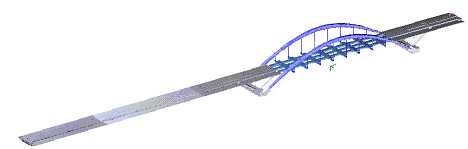 Obr. 1: Výpočetní model mostu z kombinovaných materiálů (monolit + spřažená část ocel-beton)